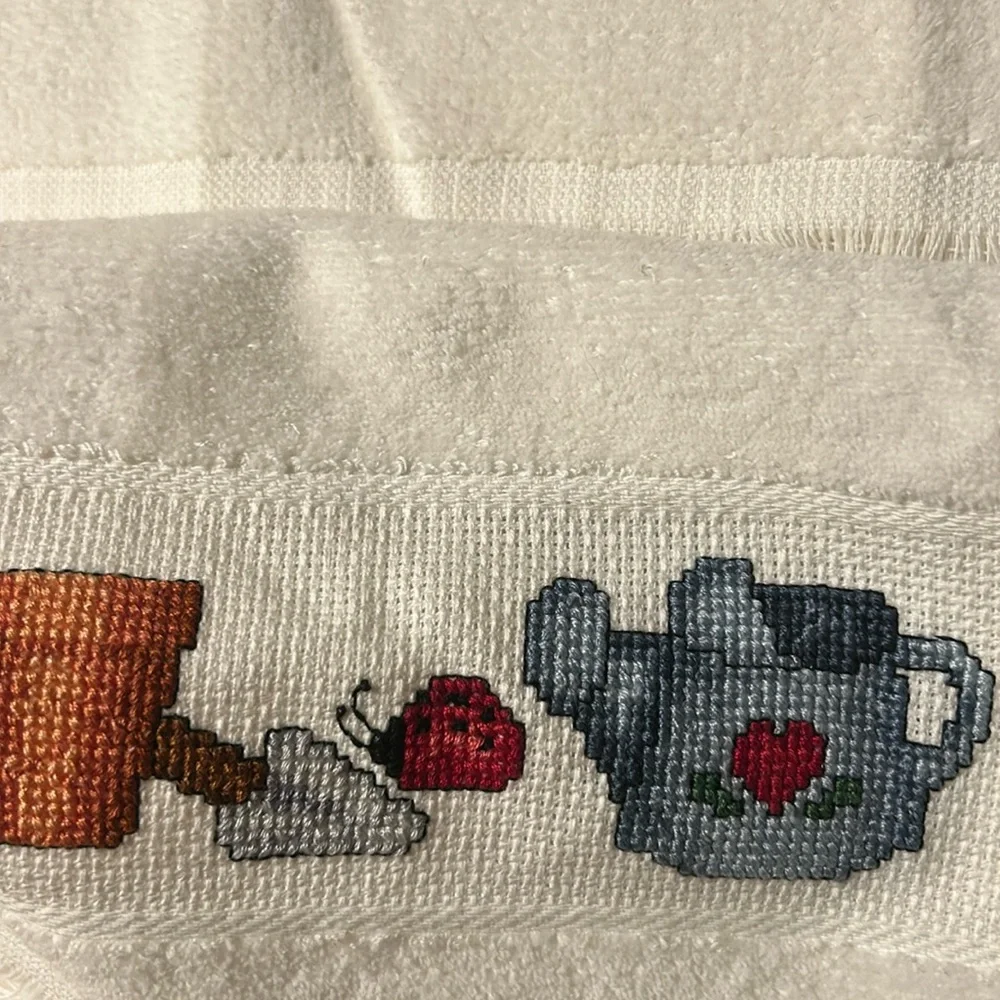 Hand Embroidered white guest Towels with Garden Design